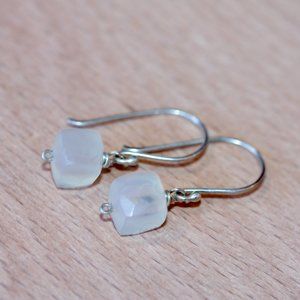 Tiny Silver Earring - Small Square Gem Earrings - White Chalcedony Earrings -
